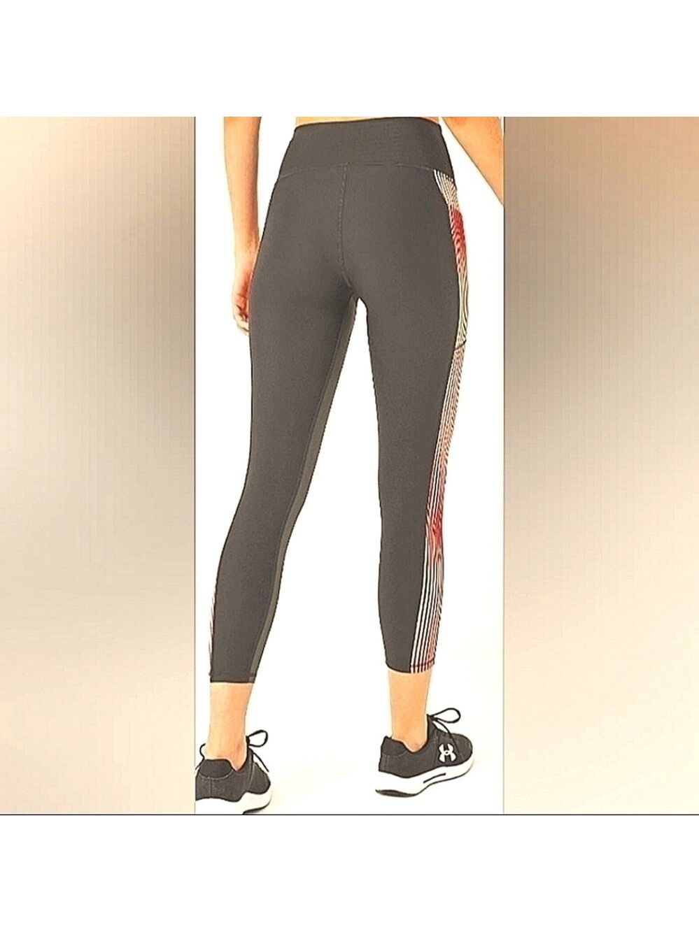 Under Armour Stretch Leggings Black Dual Red Yellow Side Stripes Pocket Medium